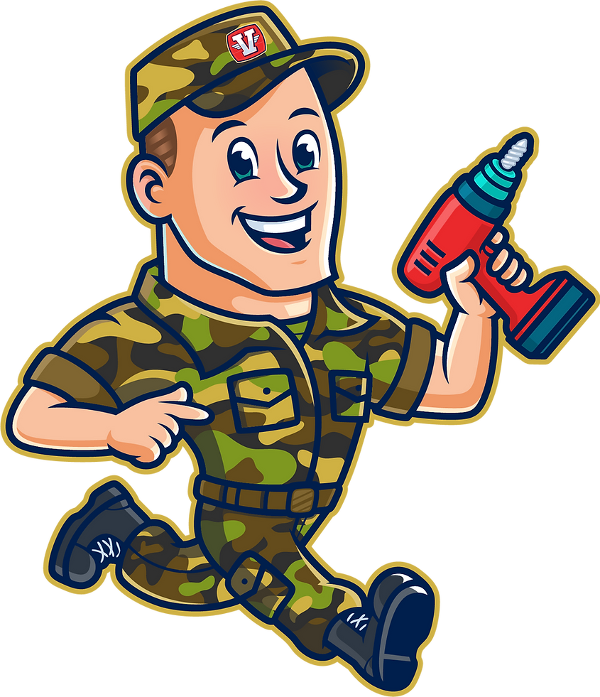 The cheerful Garage Door Vets mascot — a cartoon soldier in camouflage holding a red power drill — smiles and points forward, representing the brand’s military heritage and handyman expertise.